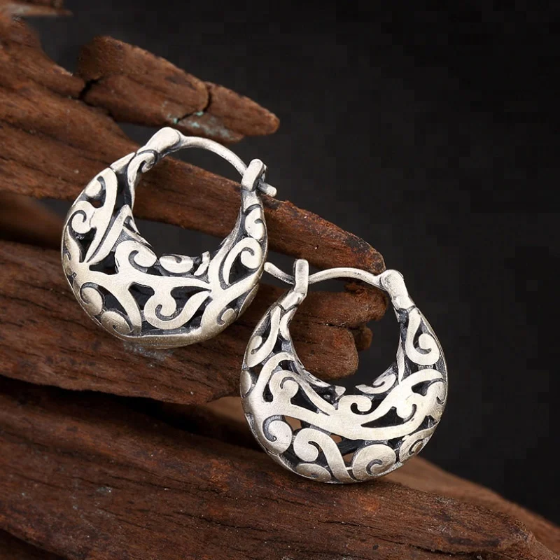 Real 990 Fine Silver Women Vintage Jewelry Ethnic Earrings Totem Patterns Hollow Ear Hoops Exotic Nepal Brincos Bijoux