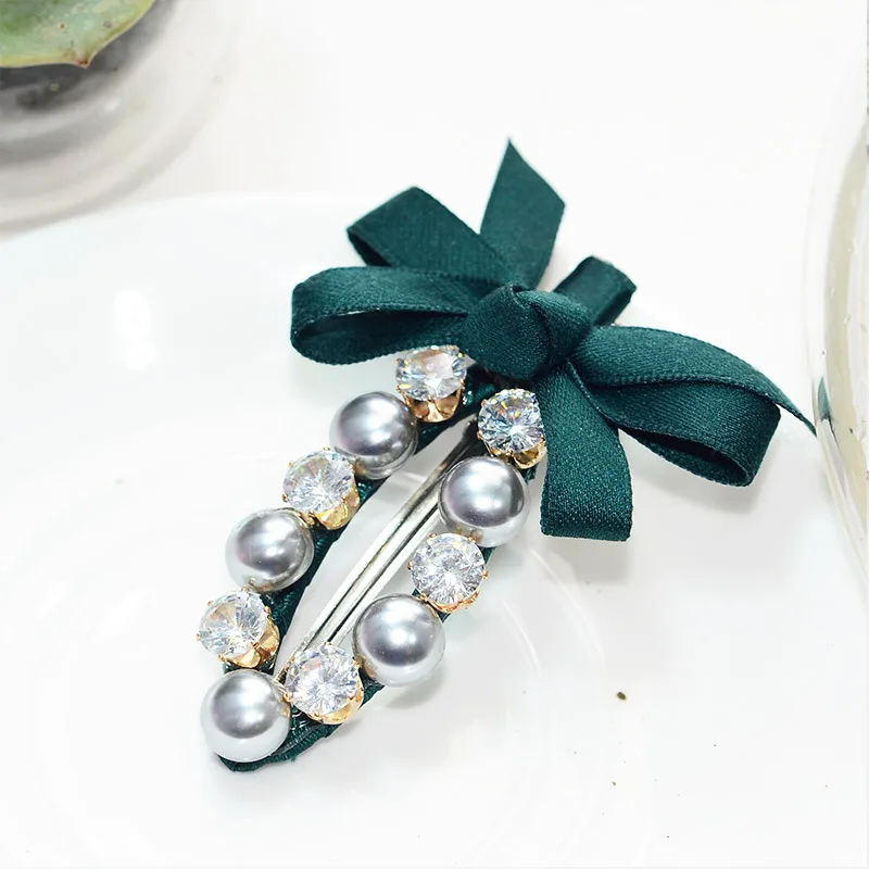 pearl rhinestone and dacron bow tie Alloy iron clip hair barrette for bangs