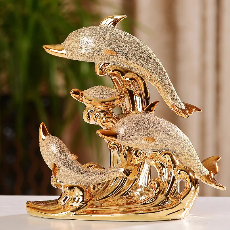 
Fashionable design gold color plated custom ceramic dolphin statues 