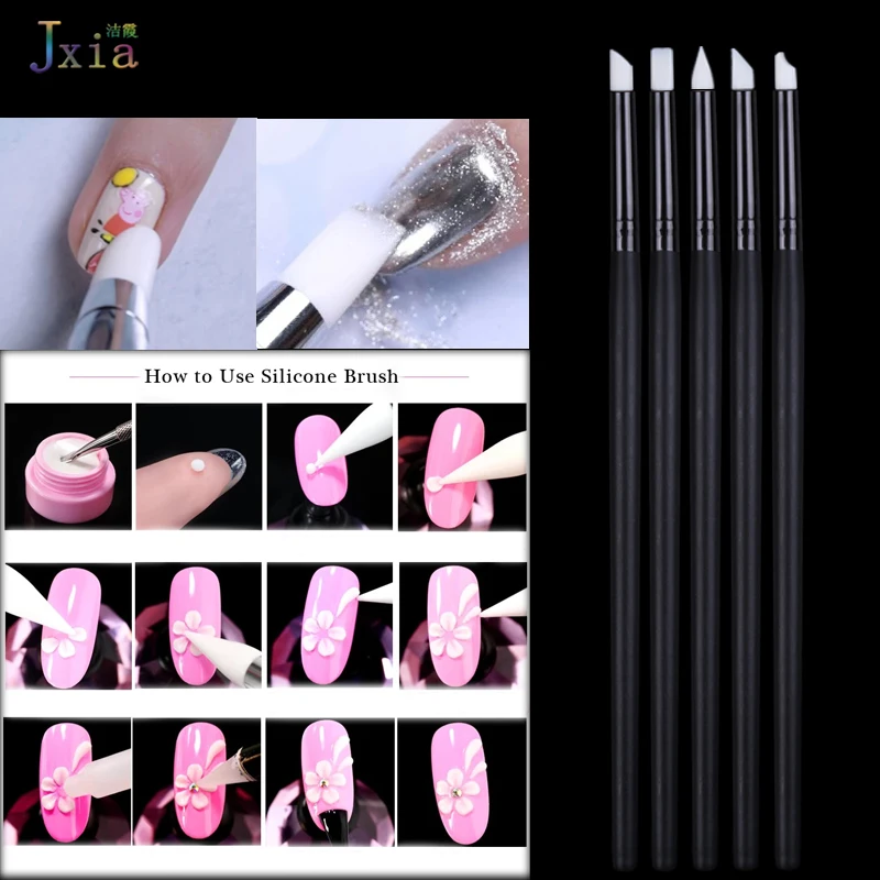 Jiexia 5Pcs/Set Small Size Nail Art Silicone Head Pen Clay Sculpture Carving Painting Brush Set