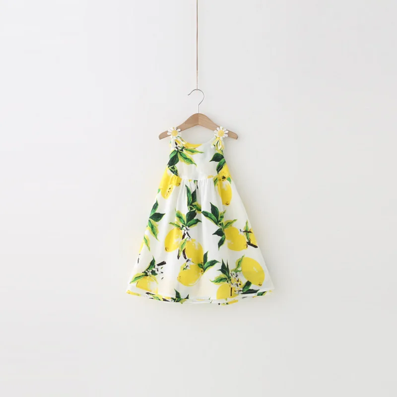 Girl summer clothing 2016 new sleeveless cotton child prints lemon dress skirt baby frock design pictures