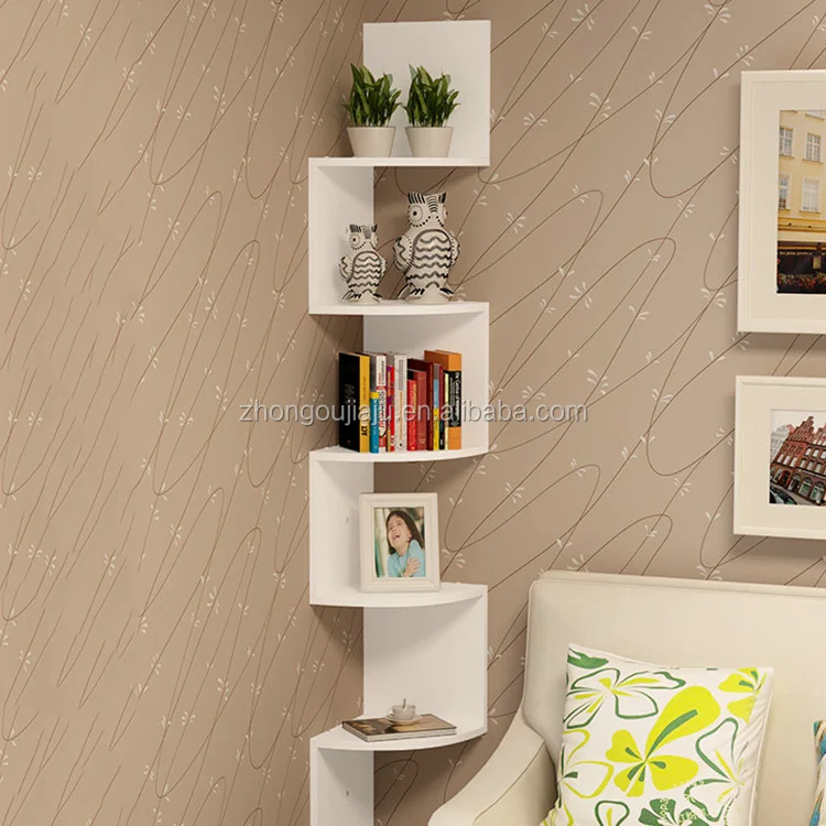 Modern Living Room Mdf Wood round Corner Zig Zag Wall Corner Shelf Design for sale