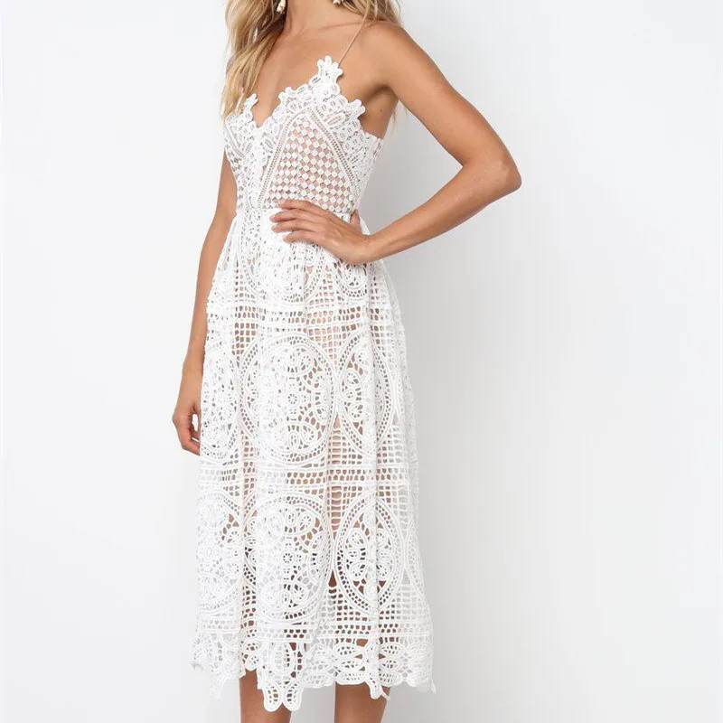 2019 European and American sexy openwork lace temperament strap dress
