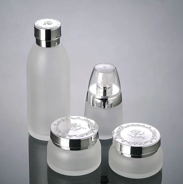 30ml Empty frosted matte glass pump bottle with aluminum line and lid Unique luxury cosmetic cream jar Lotion container