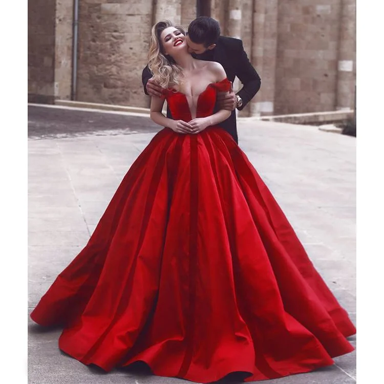 Ukraine Sexy Custom Red Satin Bridal Ball Gown Wedding Dress
