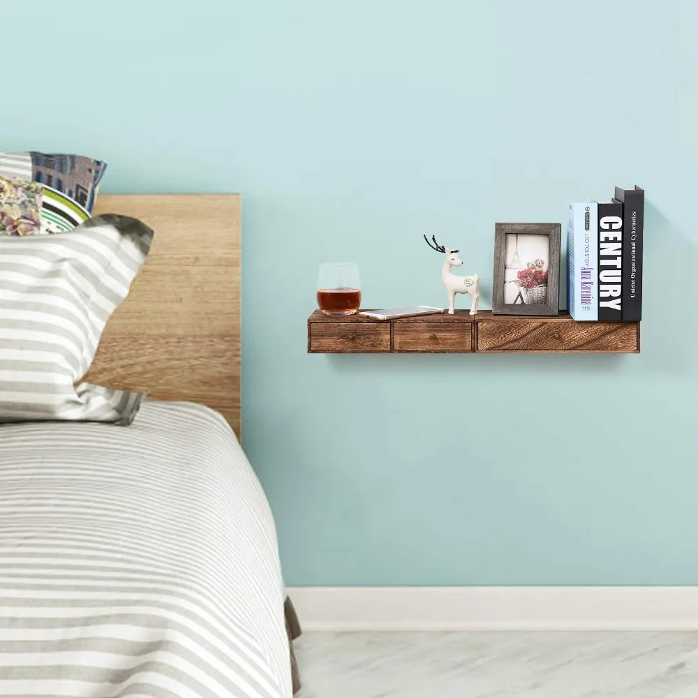 
Floating Shelf with Drawer Rustic Wood Wall Shelves for Storage and Display Set of 2 