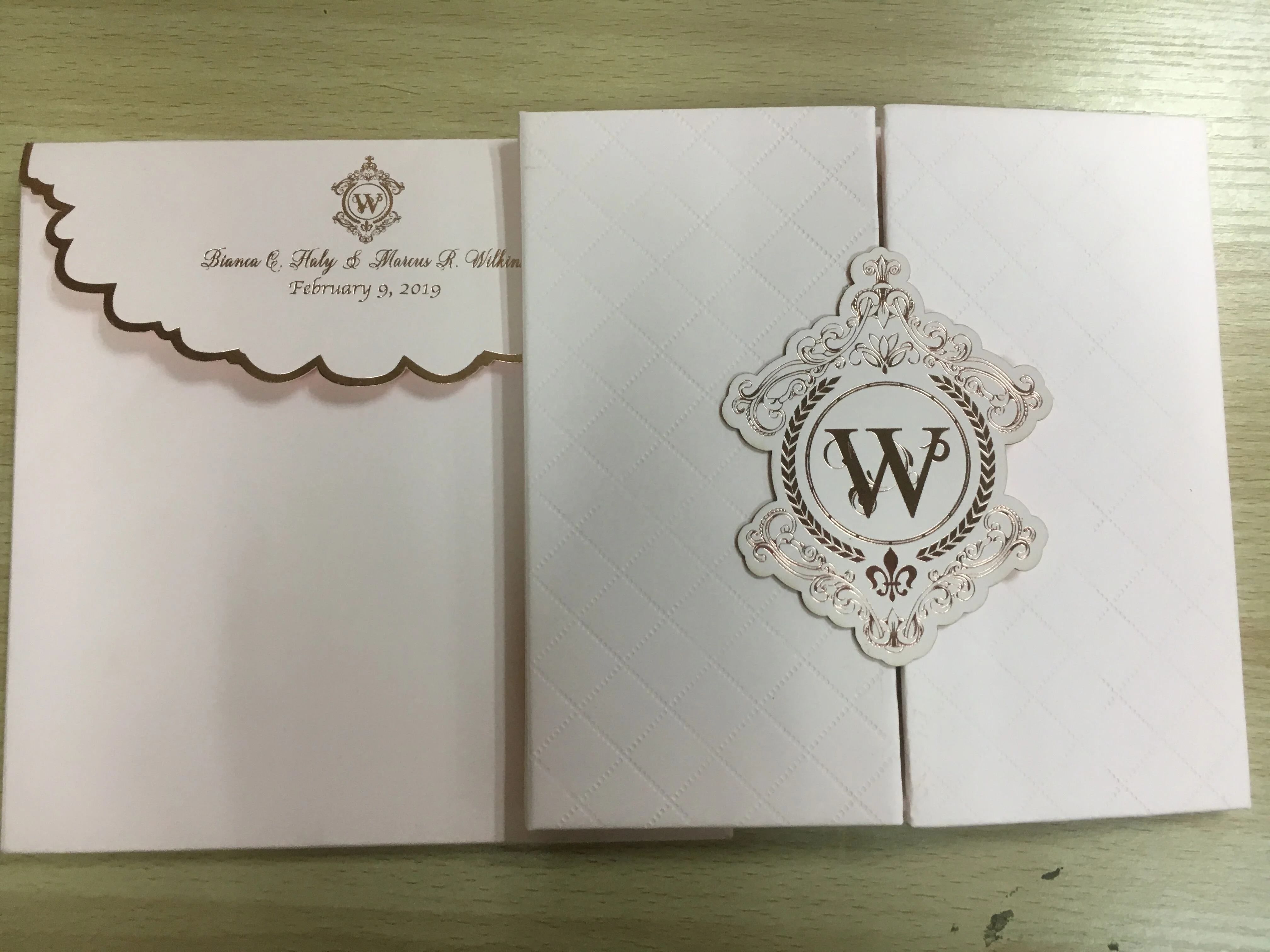 Hot Sale Romantic & Fresh Pink Gatefold Hardcover Wedding Invitations with Rose Gold Foil text, Envelope