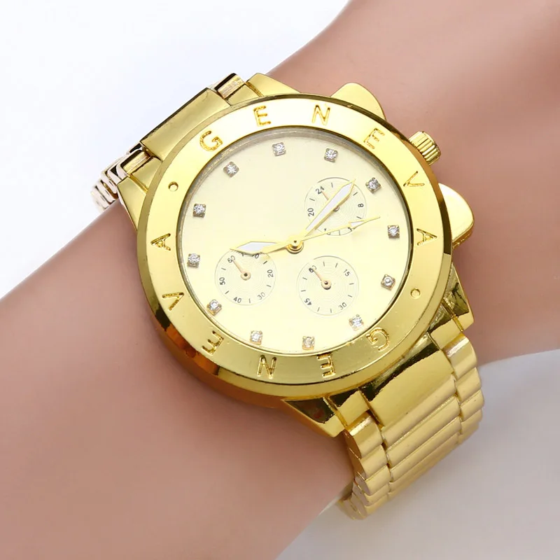 China manufacture high quality geneva quartz metal wrist watch  gold watch newest
