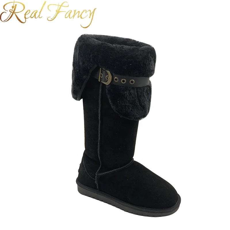 Fashion Black Cow Suede High Cut Long Wool Fur Fluffy Winter Women Snow Boots Shoes