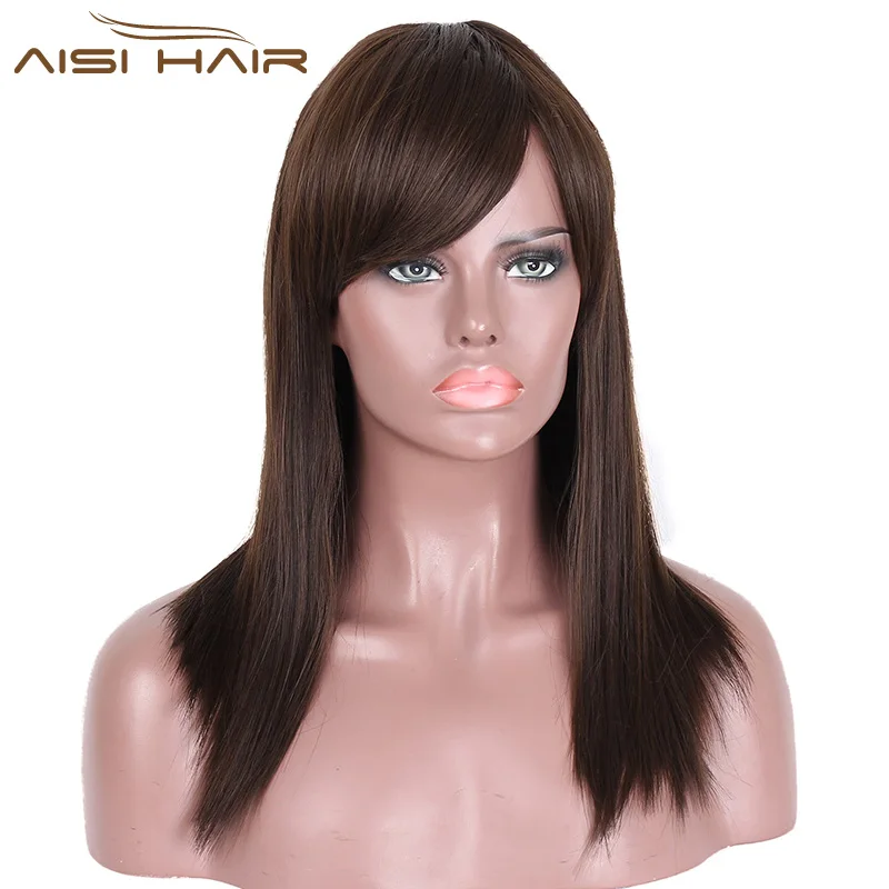 Aisi Hair Long Silky Straight Wigs Synthetic Brown Hair Heat Resistant Fiber Wigs With Bangs For Women Natural Looking