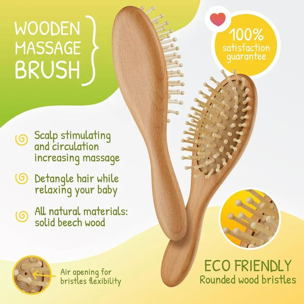 Wholesales Customized Logo Baby Hair Brush And Comb Set For Newborn, 100% Natural Wooden Boar Bristle Custom Hair Brush