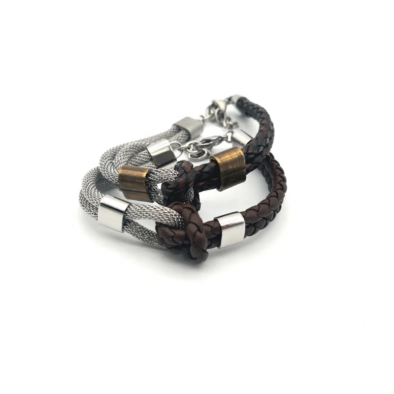 Круглый браслет из нержавеющей стали, Смешанный Браслет из натуральной кожи с узлом, ювелирное изделие для женщин и мужчин, 2 мм