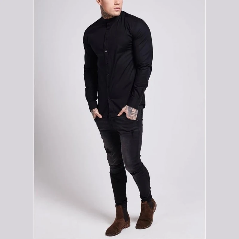 Custom Black Shirt Show Out Gym Fit Long Sleeve Shirts For Men Casual Wear