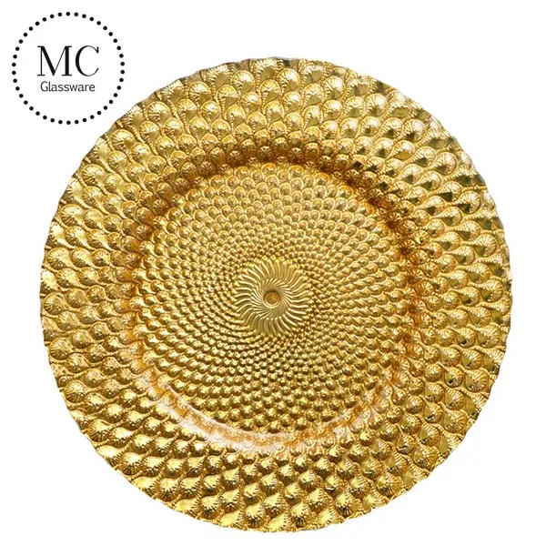 Wholesale wedding round cobalt blue feather glass charger plates