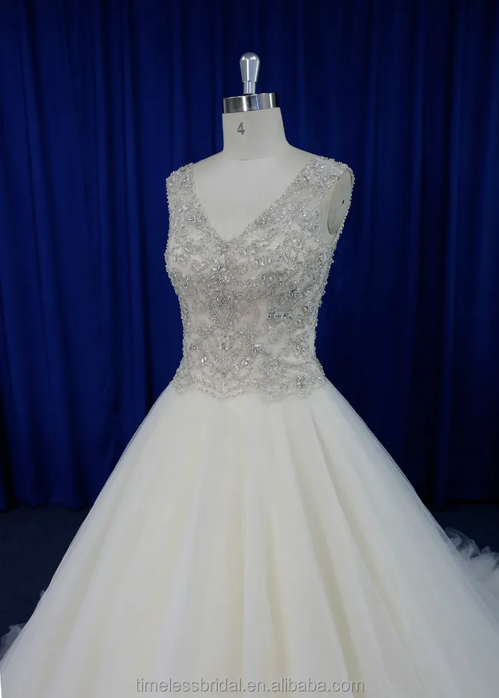 Exquisite embroidered bodice puffy champagne tulle skirt factory wedding dress