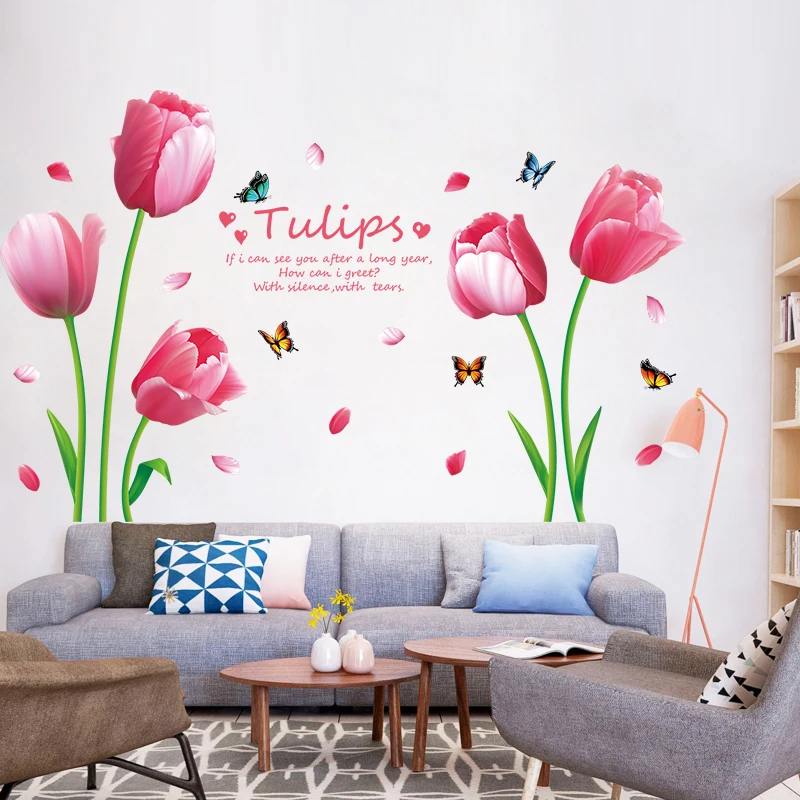 YIYAO Pink Tulips Flowers Paper Home Decal Removable Butterflies Wall sticker
