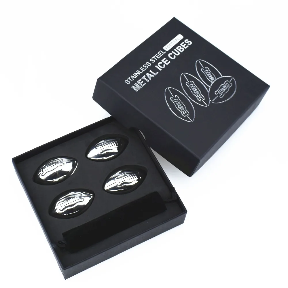 Rugby Shaped Stainless Steel Ice Cubes Ice Rocks 4pcs Silver Bar Accessories Metal Customer Logo Cooling Accessories Football