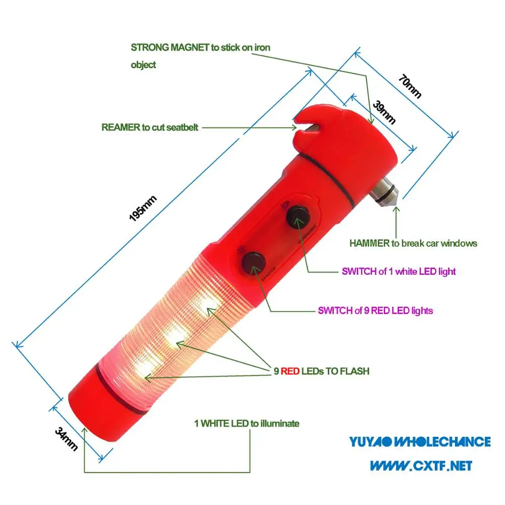 4 in 1 Car Emergency Safety Hammer Led Flashlight Torch
