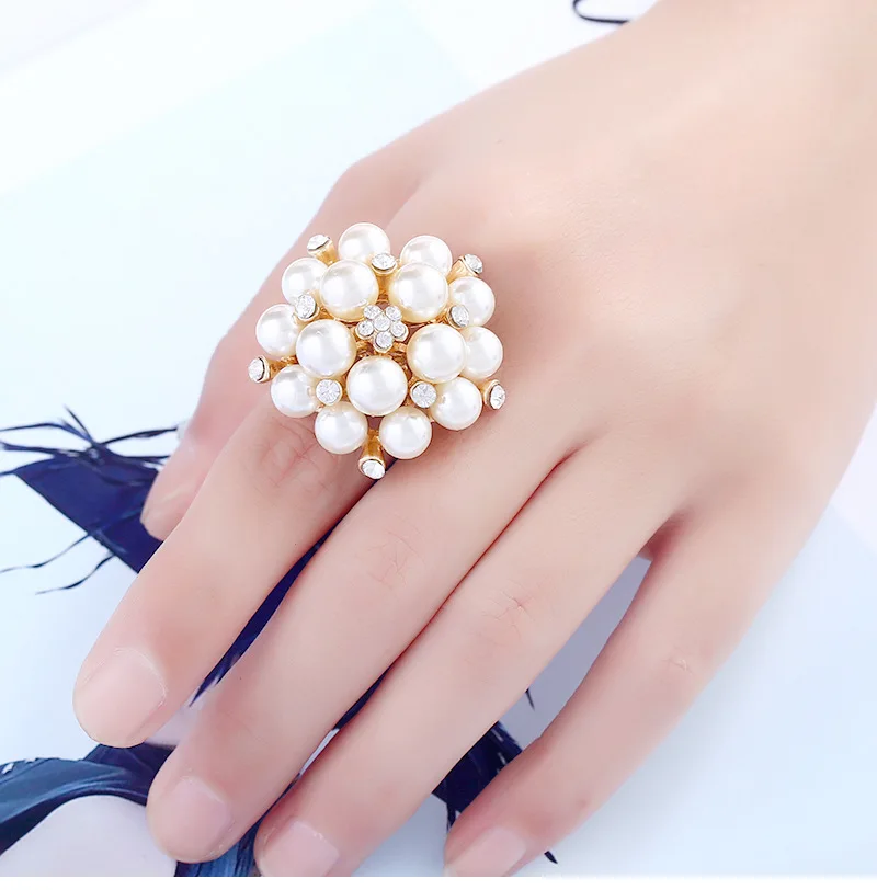 
Pearl & Rhinestone Cluster Gold Tone Ring Adjustable Size Ring For Women 