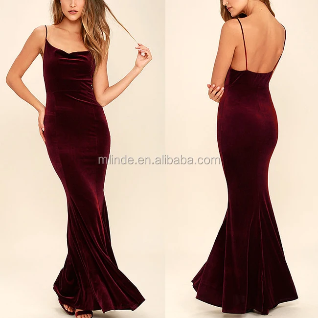 Guangzhou Wholesalers Elegant Spaghetti Strapes Sexy Bodycon Burgundy Velvet Floor Length Evening Dress For Mature Women Ladies