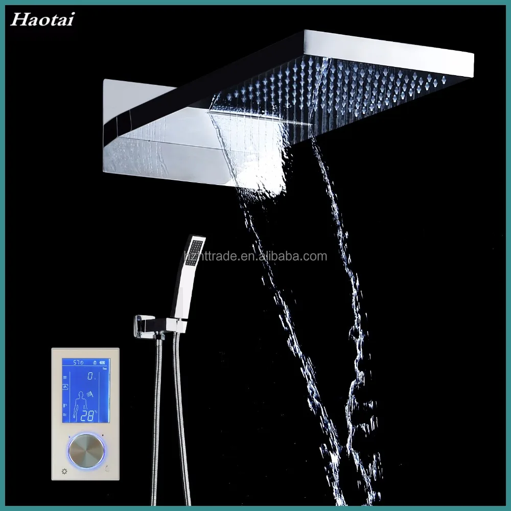 Contemporary Bathroom Thermostatic Faucet Set with Rain Shower Head Polished Stainless Steel Brass Ceiling Mounted for Hotels