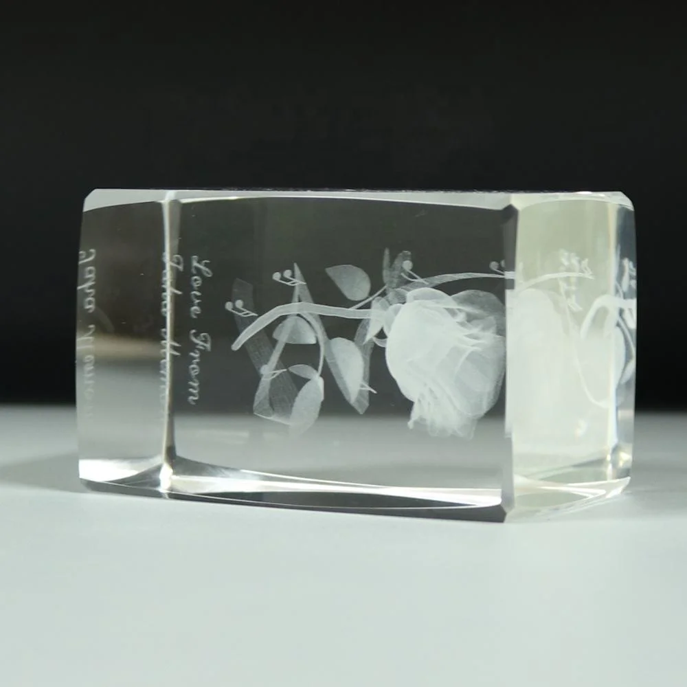 Wholesale 3D Laser Engraved Led Light Base Crystal Glass Rose Flower Cube For Wedding birthday Souvenir Guest Gifts