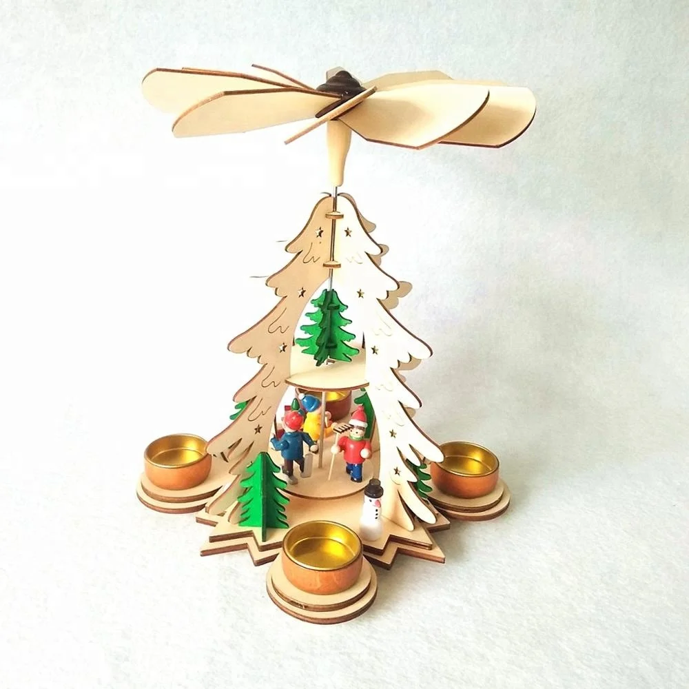 Wooden craft laser cutting Christmas pyramid decoration with tealight holders