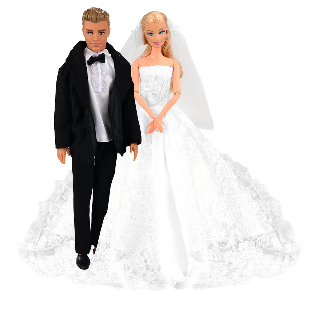 
Fashion Princess Wedding Dress With Black Suit Doll Clothes Ken Doll Couple Set for 11.5-12inch Doll Kid Girl Toy Gift 
