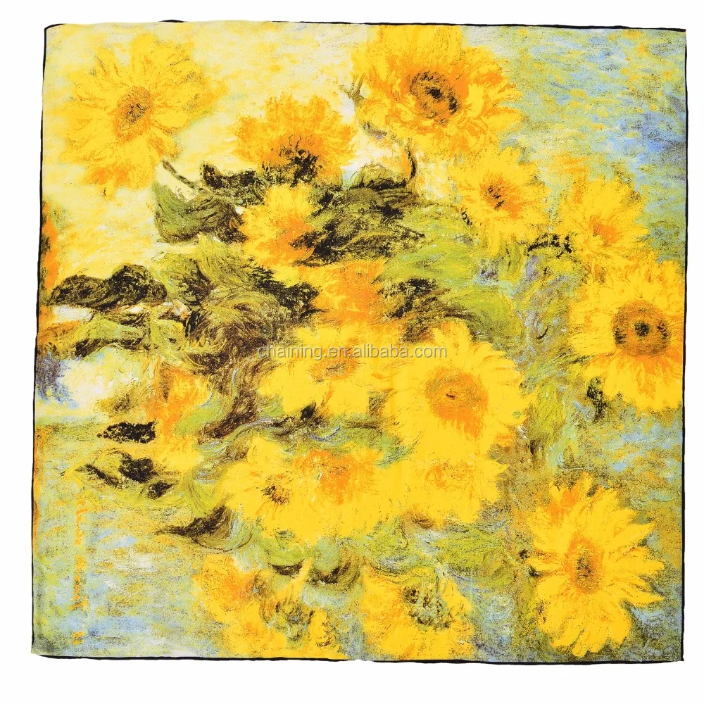 Silk Printed Neckerchief 50*50cm Oil Painting Fashion 20 inch Small Square Women  Wrap Van Gogh 100% Silk Neckerchief