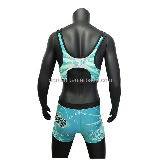Mamrewear teal cheer uniforms,sublimation cheer short and cheer padded sports bra with hole in back