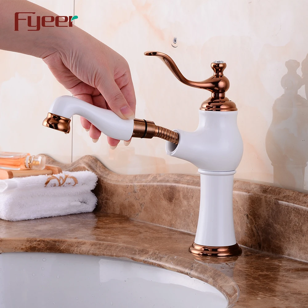 Fyeer Brass Body Painted White Pull Out Basin Faucet