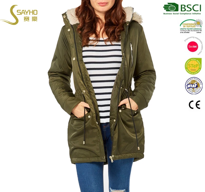 Wholesale winter women olive parka jacket with fur hood