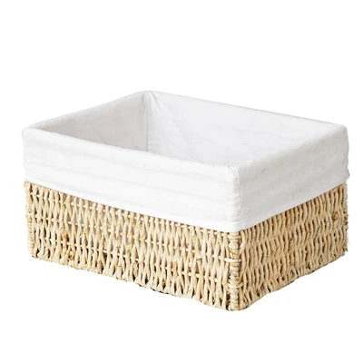 Eco-friendly Rectangle Bread Fruit Hand-woven Box of Food Chips Storage Basket Wooden Storage Basket with Fabric Lining