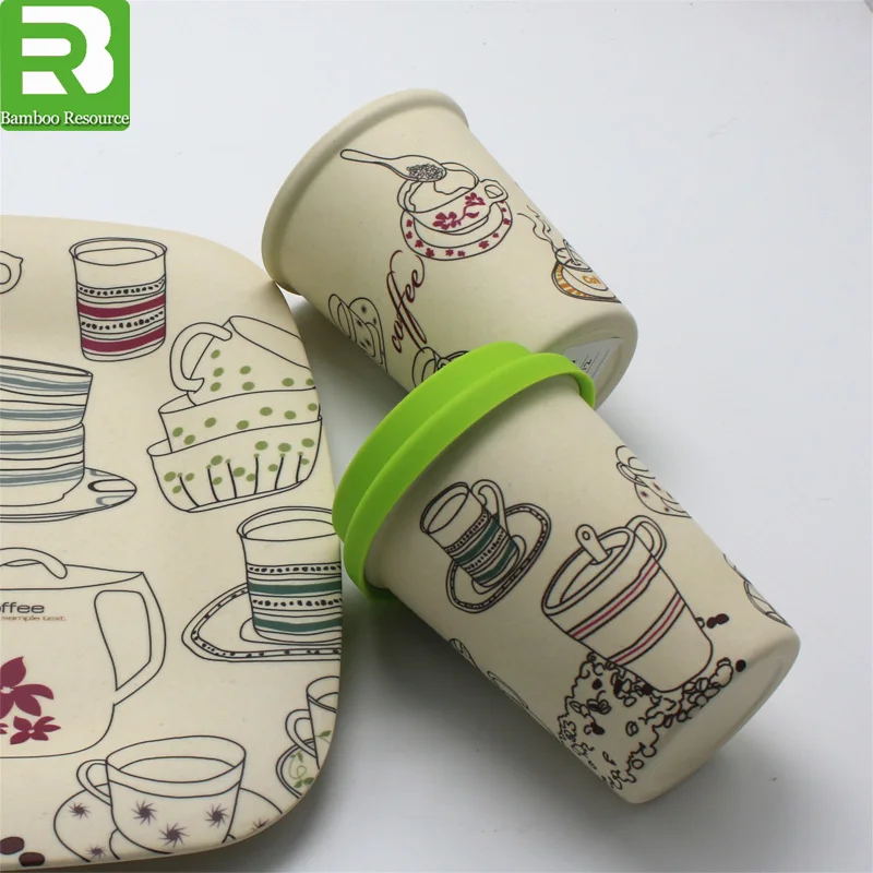 
12oz biodegradable custom printed reusable melamine Bamboo Fiber Coffee Cup with lids 