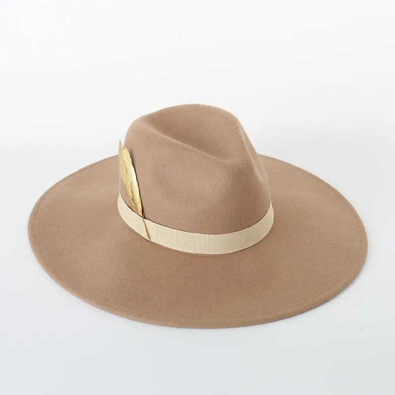 100% Wool felt wide brim fedora hat fashion woman wool felt hat with feather