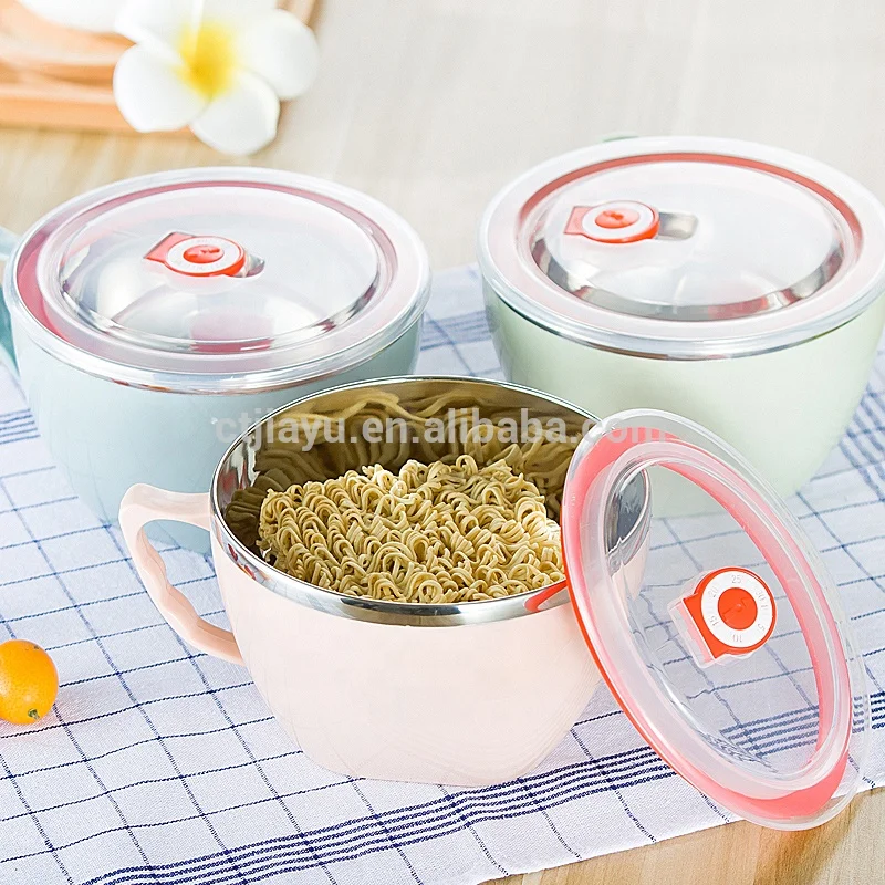 Noodle Bowl with Lid Wholesale Colorful Stainless Steel Double Insulation Plastic PP Plastic and Stainless Steel 304,metal 900ml