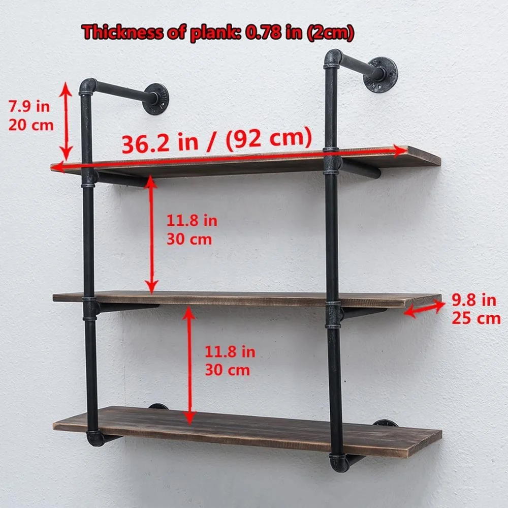 Industrial Pipe Shelves with Wood 3-Tiers,Rustic Wall Mount Shelf 36.2in,Metal Hung Bracket Bookshelf,Diy Storage Shelving