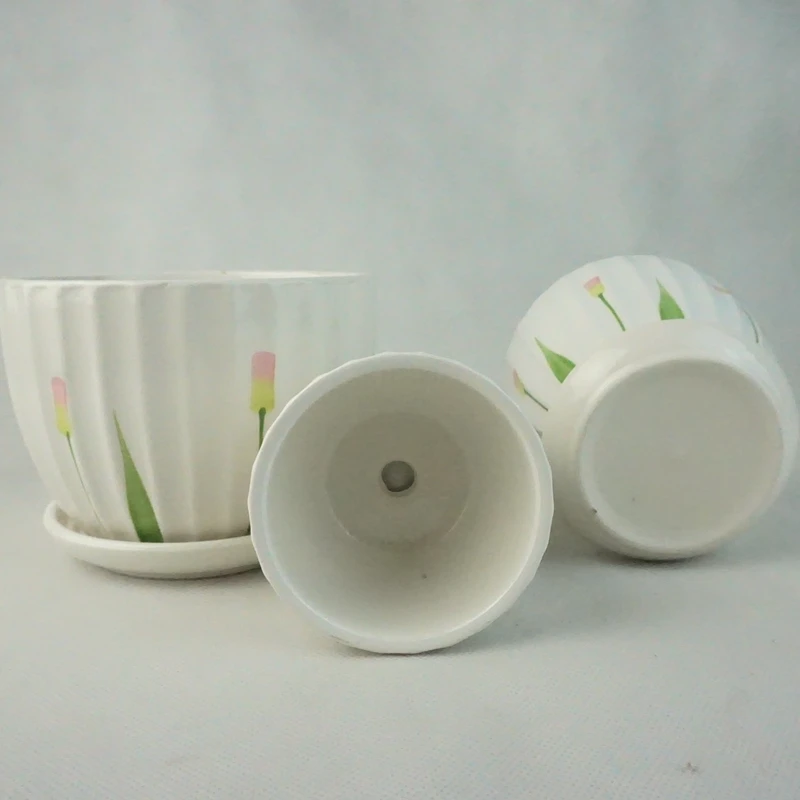 Set of 3 Small to Medium Sized Round Modern Ceramic Garden Flower Pots White Plant Pot Ceramic