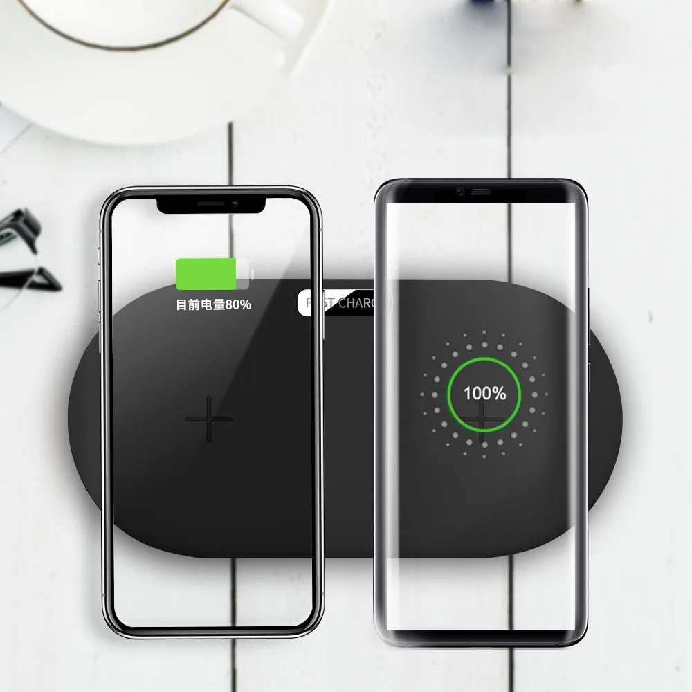Dual 10W 7.5W 2 in 1 Dual Qi Wireless Charger for iphone Fast Charging Ultra Slim Dock Station Wireless Charging Pad for Samsung