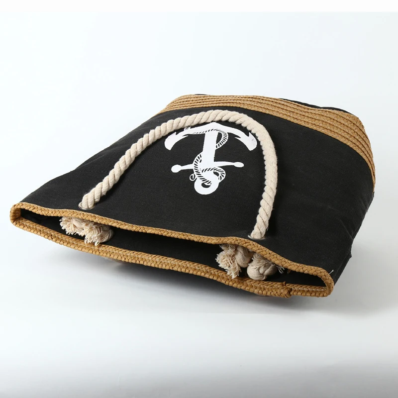 Women straw weaving summer tote beach bag women Newest pictures lady fashion handbag canvas tote bag with rope handle