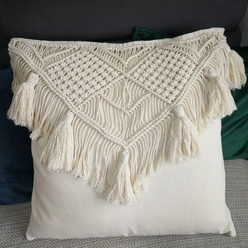 100% Cotton Macrame cushion cover Sabina handmade Macrame Throw Pillow,  Down Feather Pillow, 18 x 18