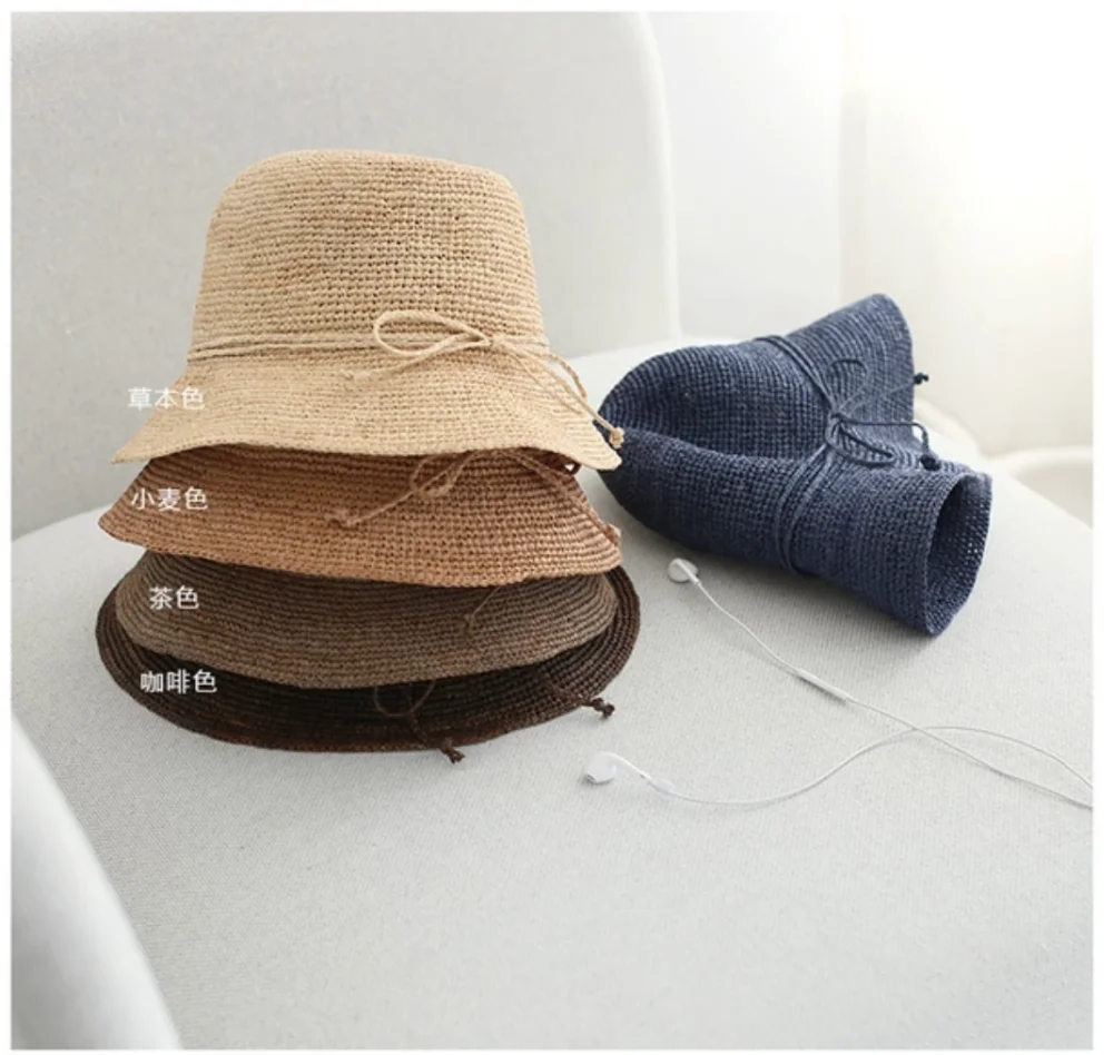 Hot sale custom plain raffia straw bucket hat cloche hat sun hat with bowknot ribbon