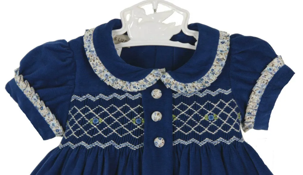 
Royal Blue Floral Pleated Trim Kids Girls Corduroy Frozen Handmade Bishop Smocked Party Dresses 
