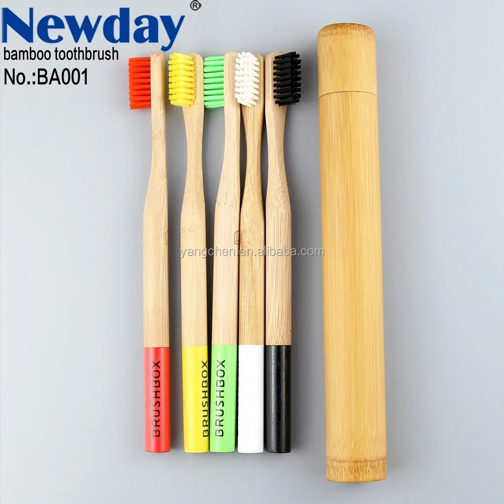 Round handle biodegradable eco bamboo toothbrush with bamboo case