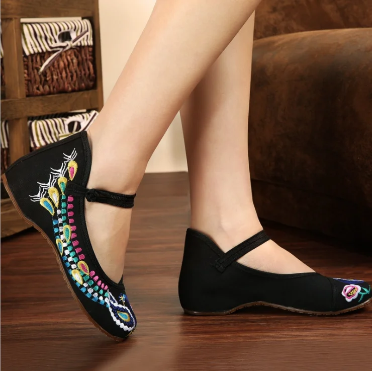 Винтажные женские холщовые лоферы на ремешке с вышивкой китайского Феникса, повседневная обувь на плоской подошве