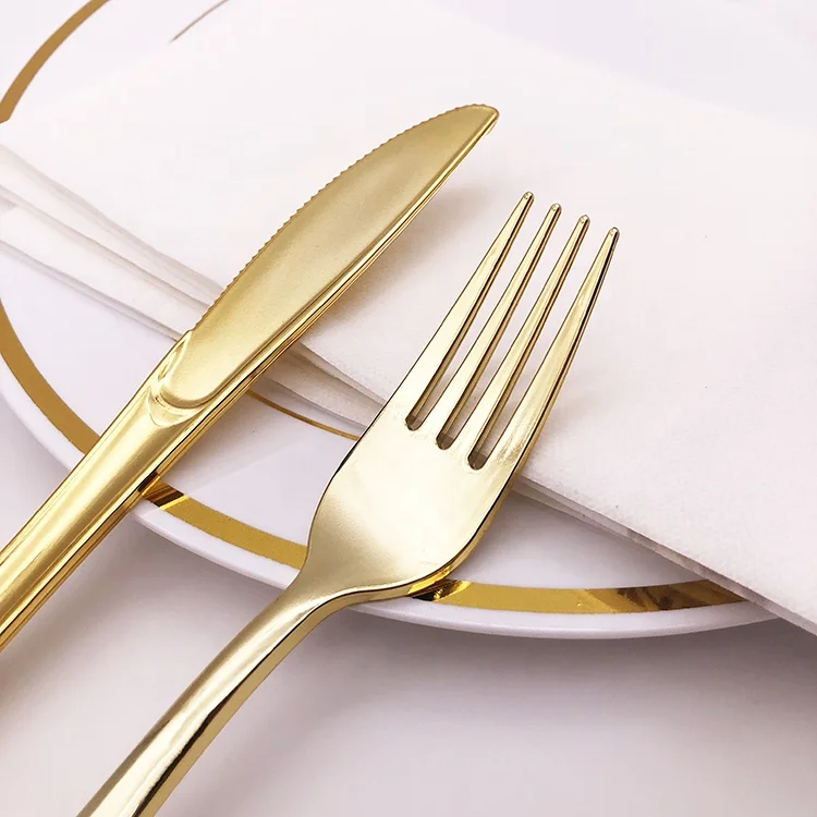 Heavy Duty Bulk Disposable Flatware Elegant Plastic Silverware Set gold plastic cutlery for Catering Events