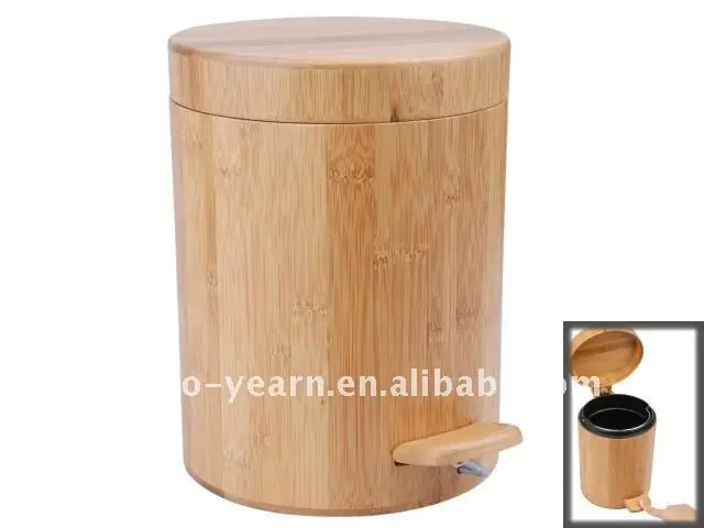 
Bamboo Wooden Cylinder Trash Can Dustbin Waste Basket Rubbish Ash Bin with Foot Pedal Flip Lid Plastic Liner for Indoor Sanitary 