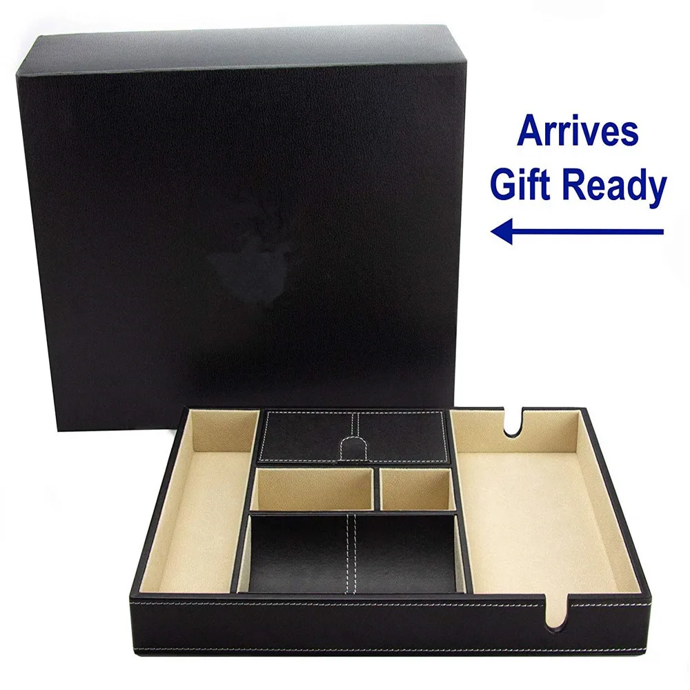 Office Desk PU Leather Valet Tray Organizer with Multi Compartment and Large Smartphone Charging Station