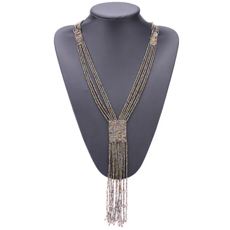 Handmade woven boho long tassel seed bead necklace popular in European