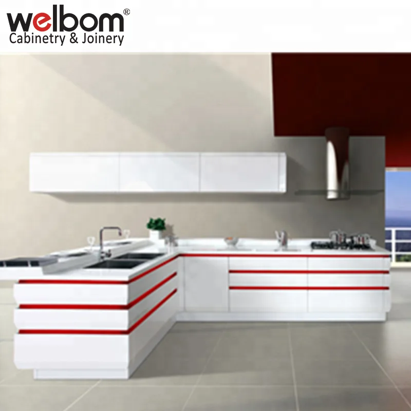 Italian Luxury Handless High Gloss HDF Lacquered Paint Cabinet Kitchen Miami